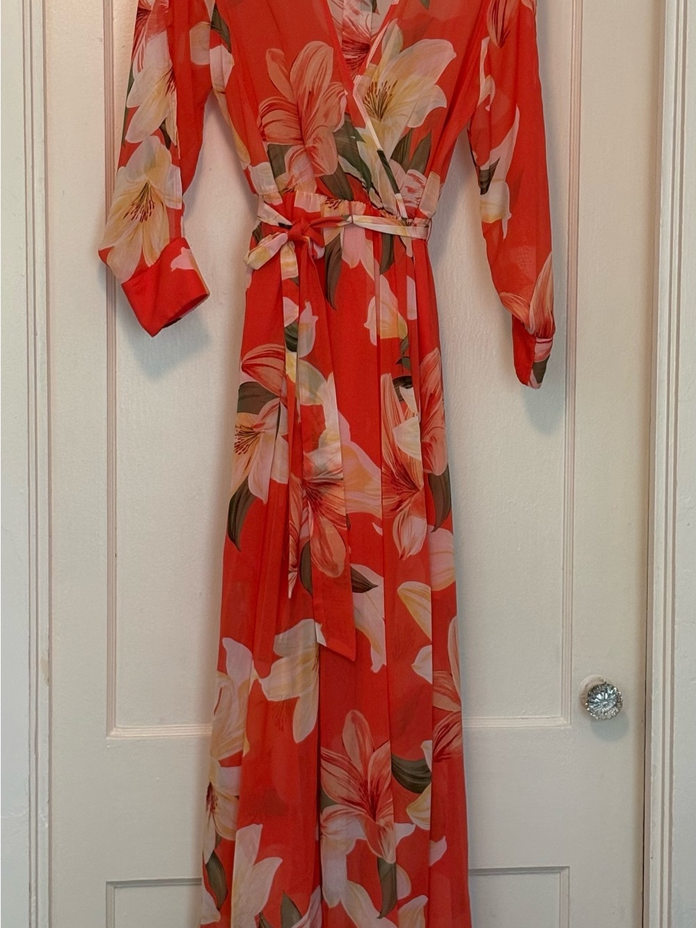Coral Floral Wrap Maxi Dress with Self-Tie Waist
